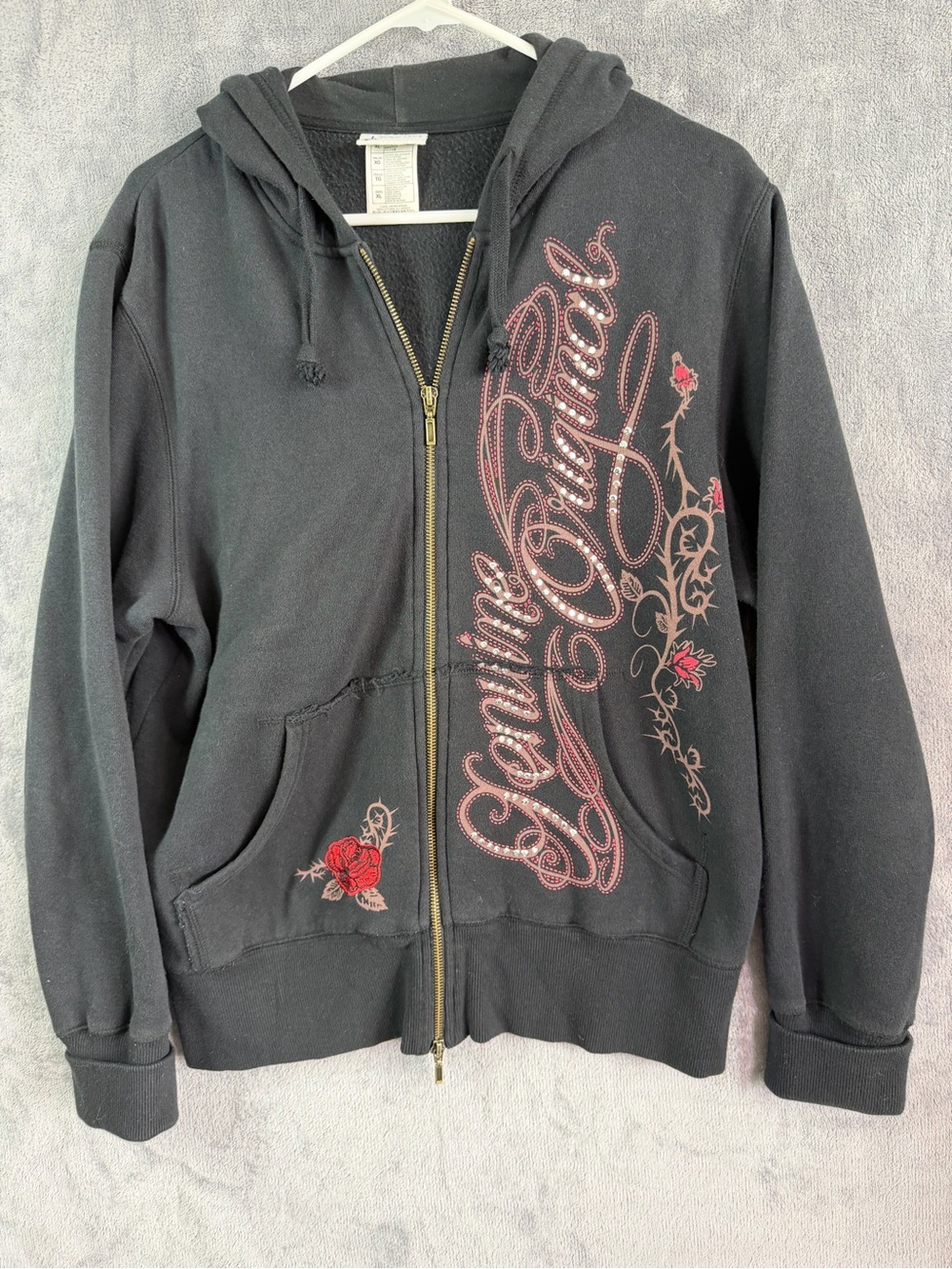 Disney Parks Minnie Mouse Rhinestone Rose Zip Hoodie Black XL Authenti